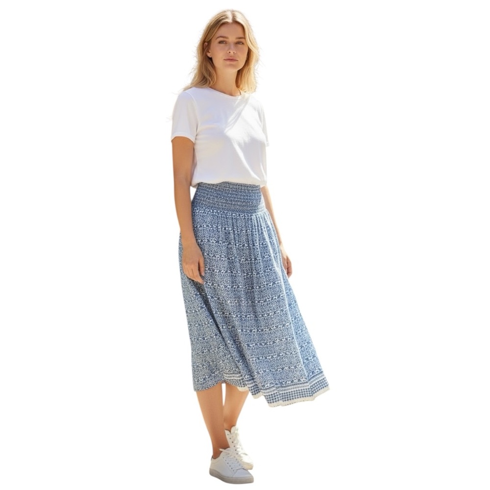NWT Max Studio Blue Smocked Waist Midi Skirt Boho Flowy Tiered Women’s Size L